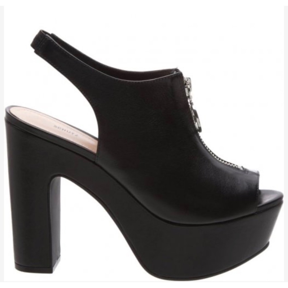 Schutz Black Leather Retro Zip Platform Sandals Block Heel Peep Toe 9.5B